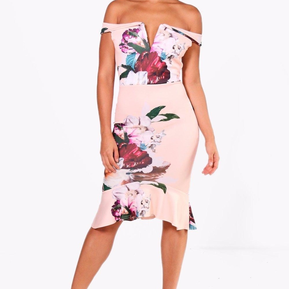 NWT Floral Bardot Frill Hem Midi Dress